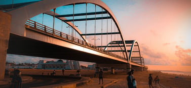 Modern bridge over Dakar coastline at sunset, representing Senegal business entities like SARL, SA, branch offices and partnerships.